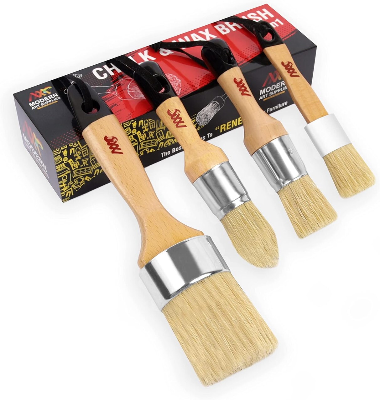 4 PCS Chalk & Wax Paint Brush Set – 3 Small + 1 Large for Furniture, Compatible with Annie Sloan & Fusion Paint